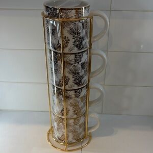 Williams-Sonoma Gold and White Botanical Mug Set with Stand